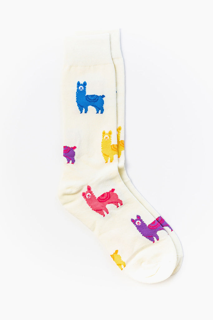 Alpaca Socks, white with multi coloured alpacas - CAPITAL SOCKS