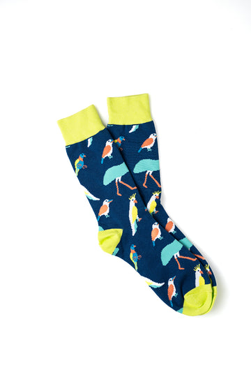 Australian Native Birds Socks by Capital Socks Australia. Navy blue socks featuring kookaburras, cockatoos, emus and lorikeets